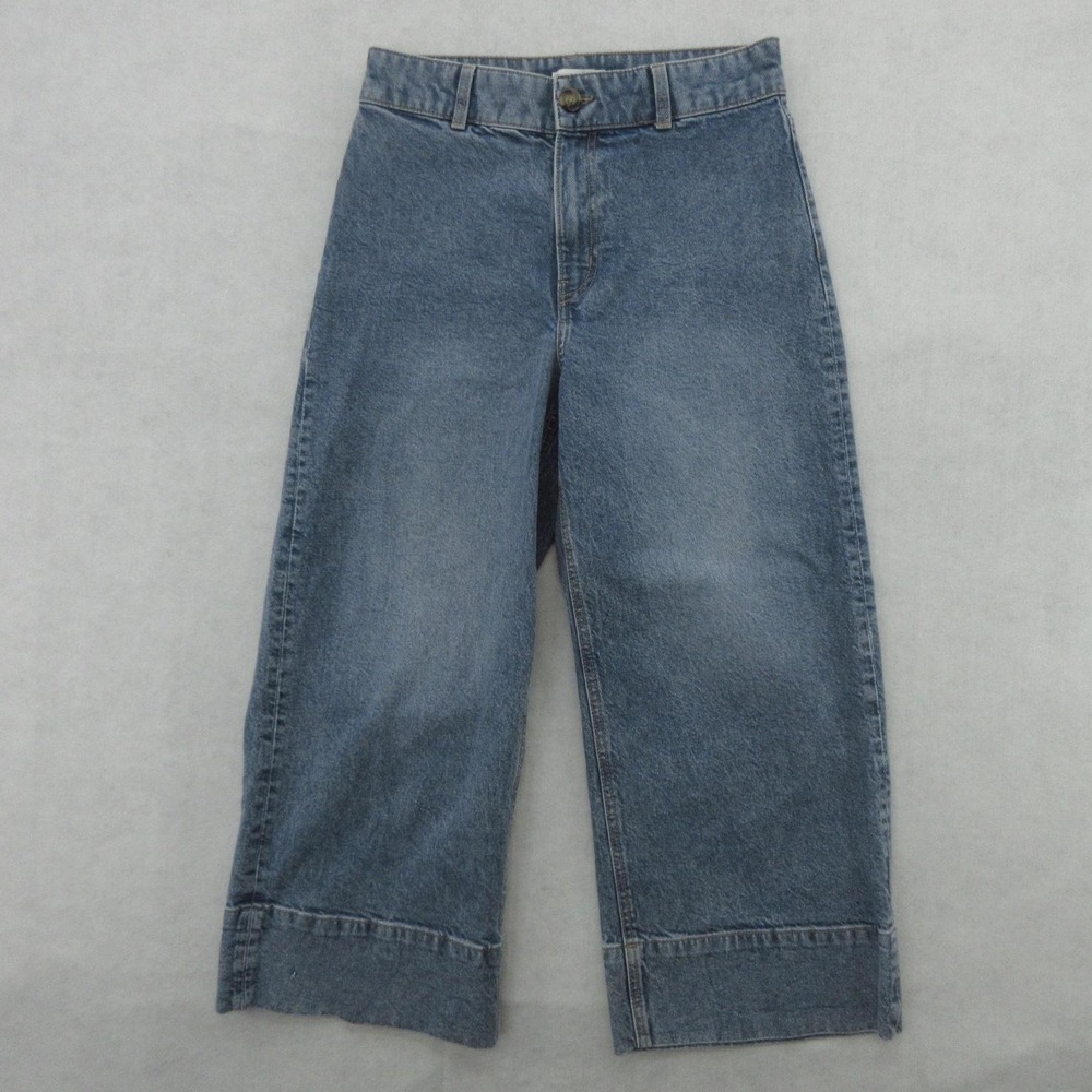 H&M Jeans Womens 8 Blue Medium Wash High Rise Wide Leg Crop Denim Stretch Pants